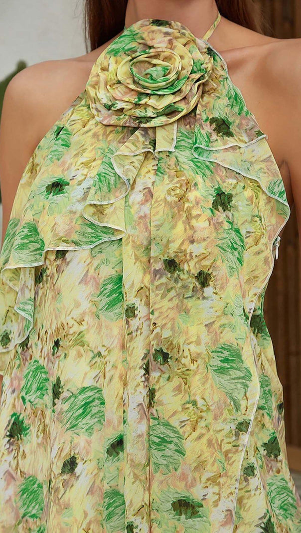 AIIZIE FLORAL PRINT HEM HALTER DRESS IN GREEN - product image