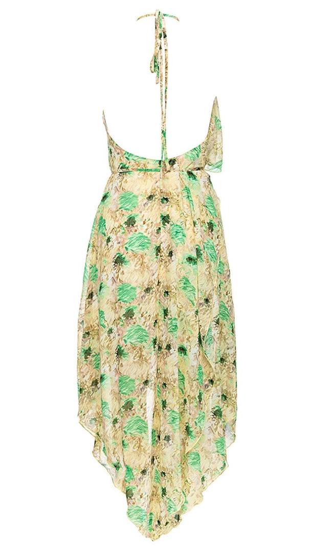 AIIZIE FLORAL PRINT HEM HALTER DRESS IN GREEN - product image