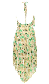 FLORAL PRINT HEM HALTER DRESS IN GREEN