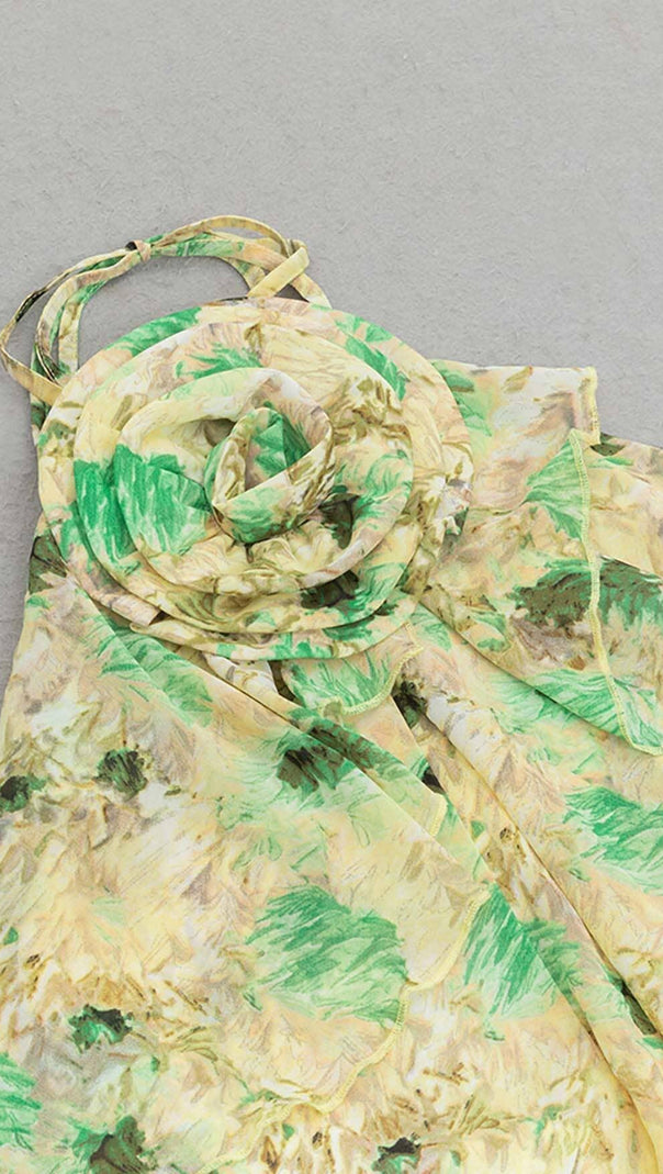 AIIZIE FLORAL PRINT HEM HALTER DRESS IN GREEN - product image