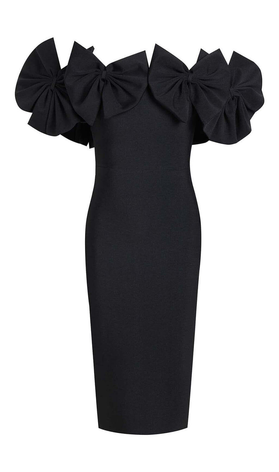 BOW-EMBELLISHED BANDAGE MIDI DRESS IN BLACK