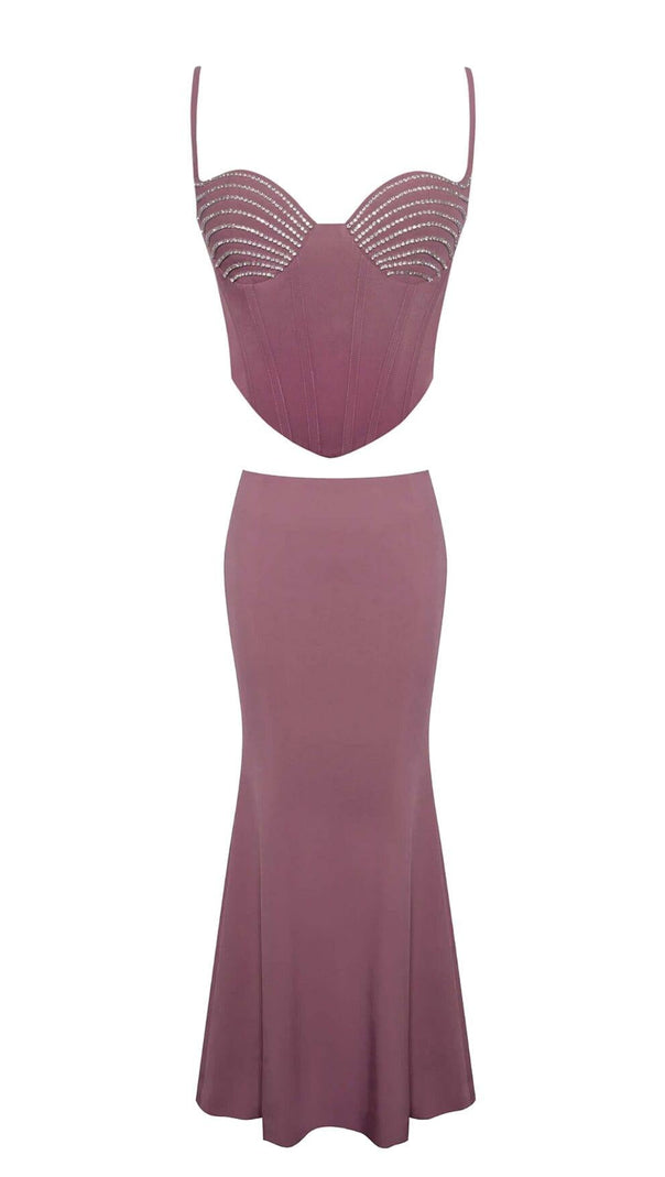 AIIZIE CRYSTAL CORSET MIDI DRESS IN AMETHYST - product image