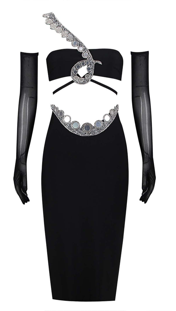 AIIZIE CRYSTAL ONE-SHOULDER MIDI DRESS IN BLACK - product image