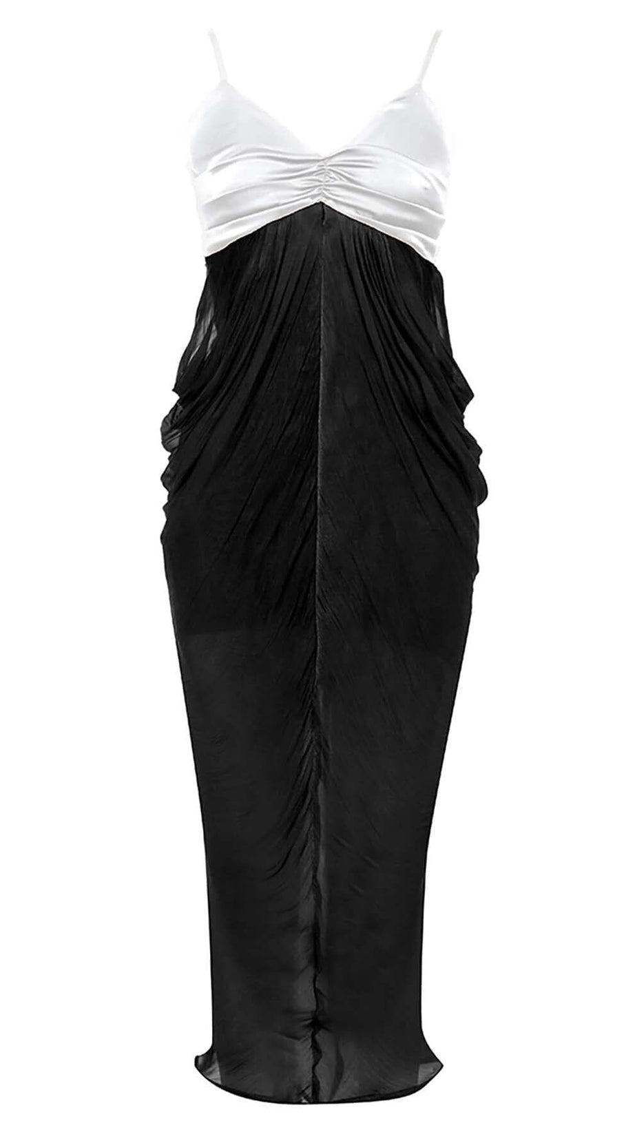 RUCHED STRAPPY MIDI DRESS IN BLACK