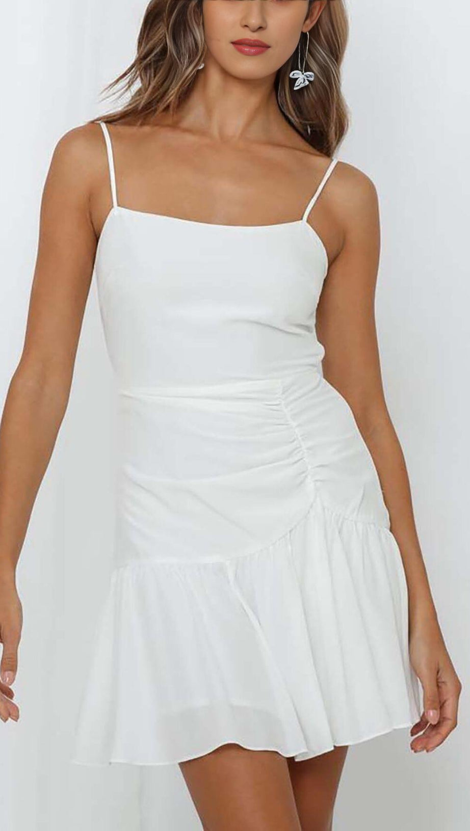 STRAPPY RUFFLED MINI DRESS IN WHITE