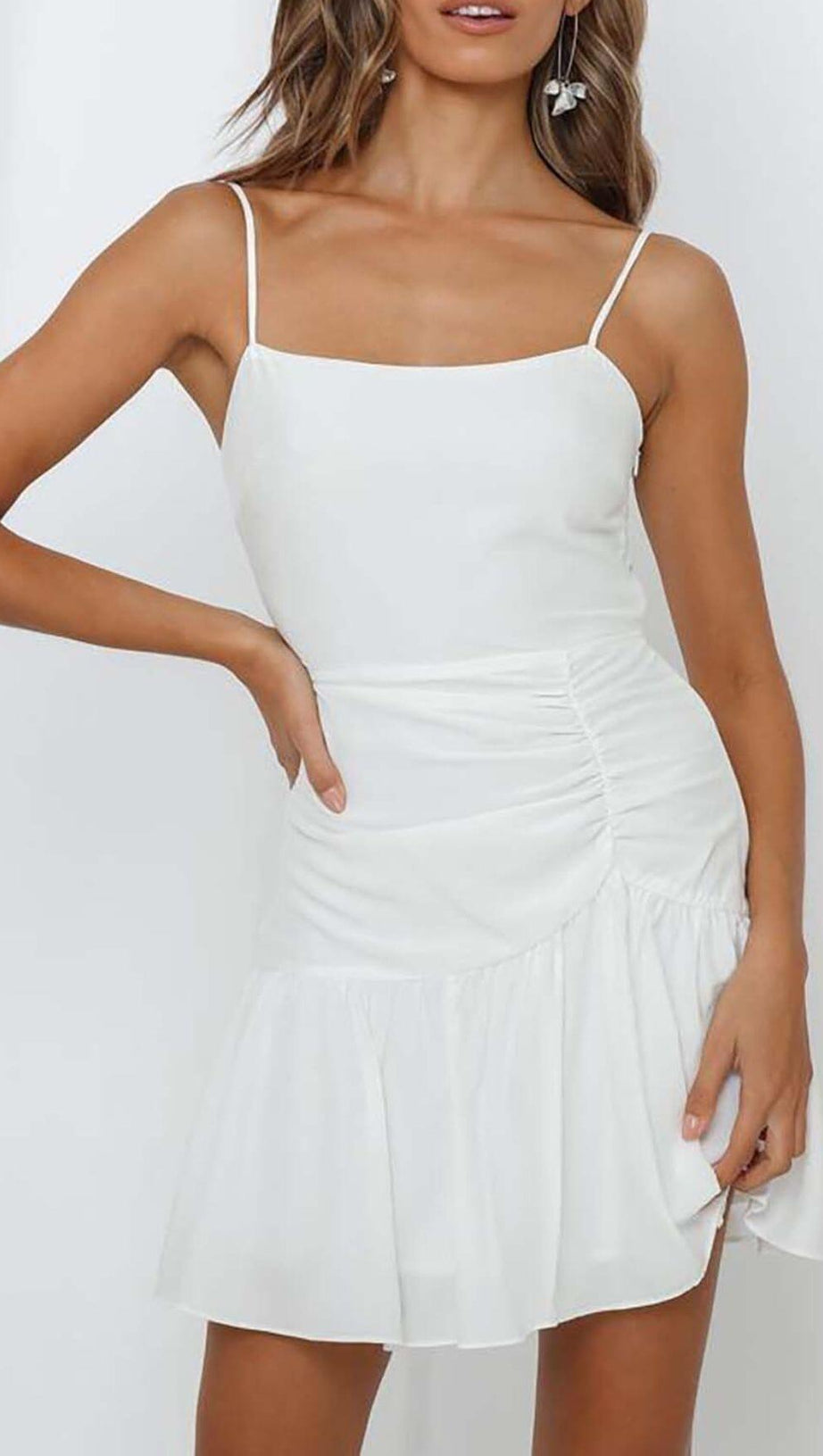 STRAPPY RUFFLED MINI DRESS IN WHITE