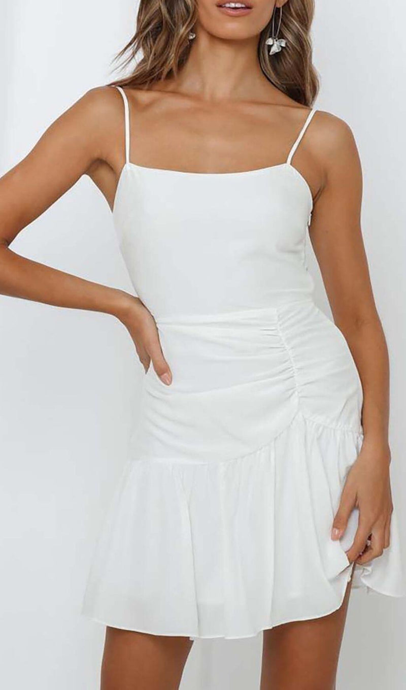 STRAPPY RUFFLED MINI DRESS IN WHITE