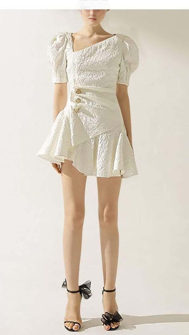 AIIZIE PUFFY SLEEVE BUTTON MINI DRESS IN WHITE - product image