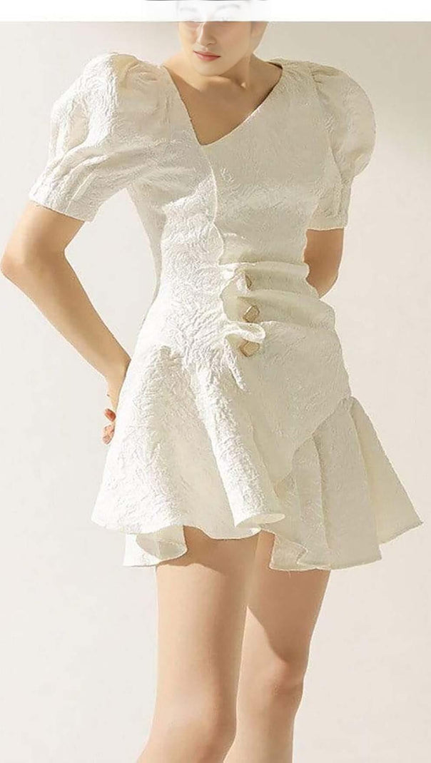AIIZIE PUFFY SLEEVE BUTTON MINI DRESS IN WHITE - product image