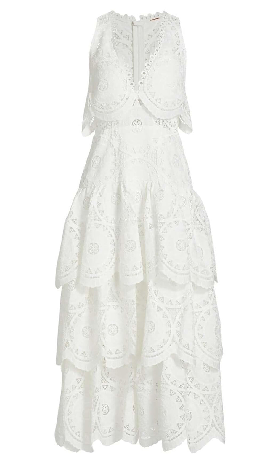 TIERED EYELET LACE MIDI DRESS IN WHITE