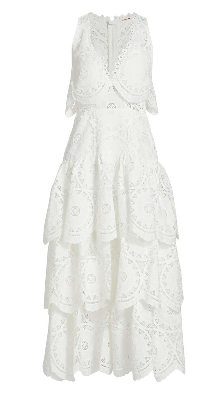 TIERED EYELET LACE MIDI DRESS IN WHITE