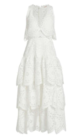 TIERED EYELET LACE MIDI DRESS IN WHITE