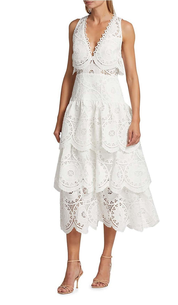 TIERED EYELET LACE MIDI DRESS IN WHITE