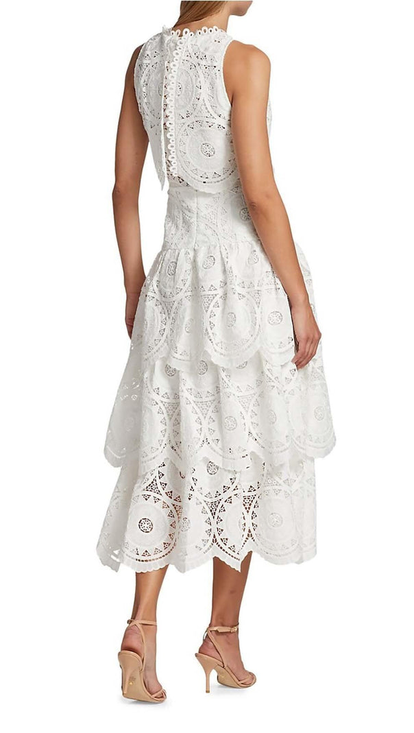 AIIZIE TIERED EYELET LACE MIDI DRESS IN WHITE - product image