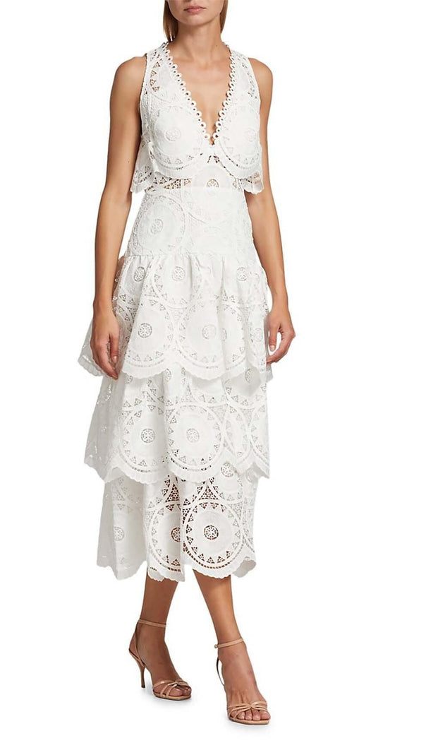 AIIZIE TIERED EYELET LACE MIDI DRESS IN WHITE - product image