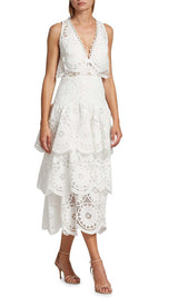 TIERED EYELET LACE MIDI DRESS IN WHITE