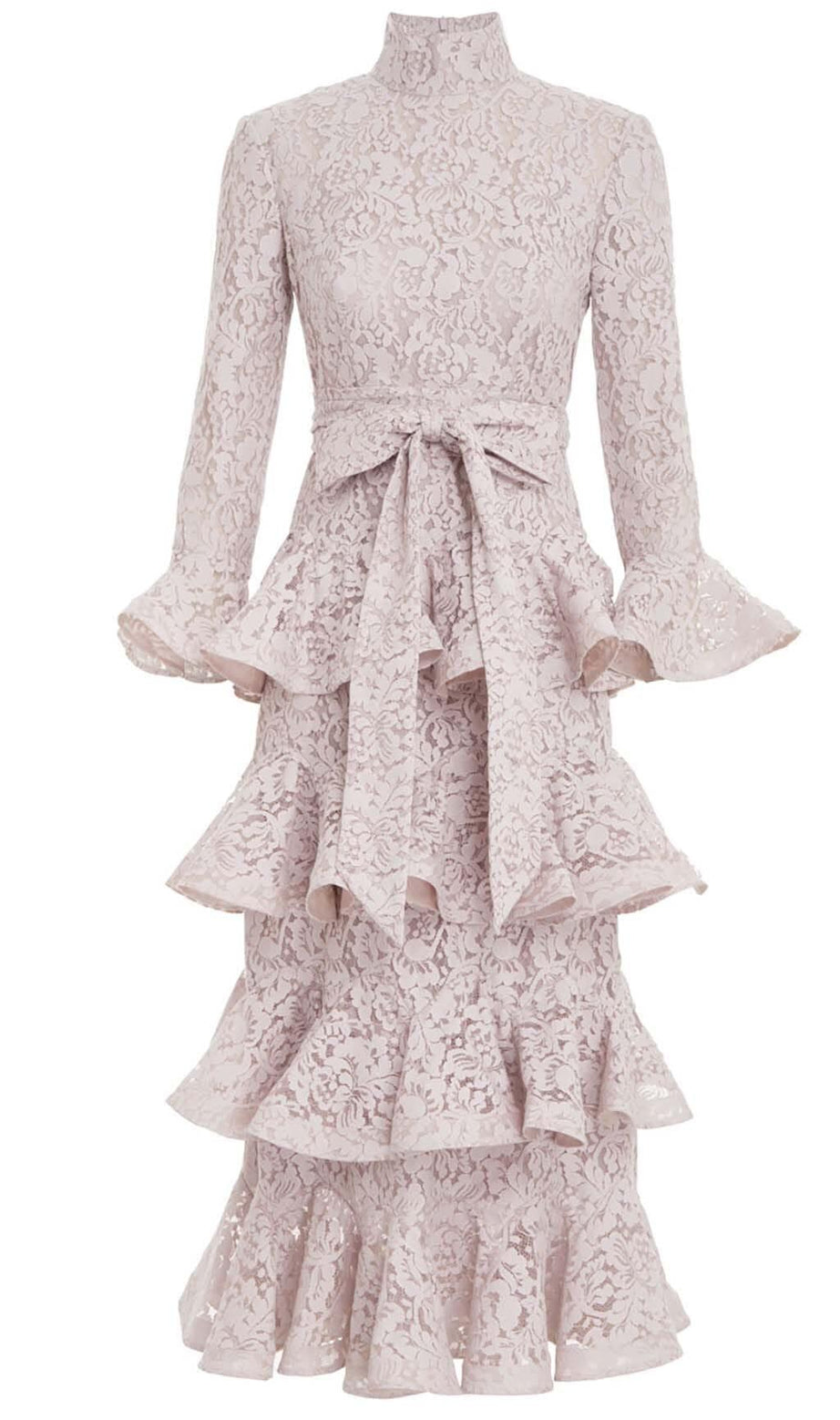 TIERED FLORAL-EMBROIDERED LACE MIDI DRESS