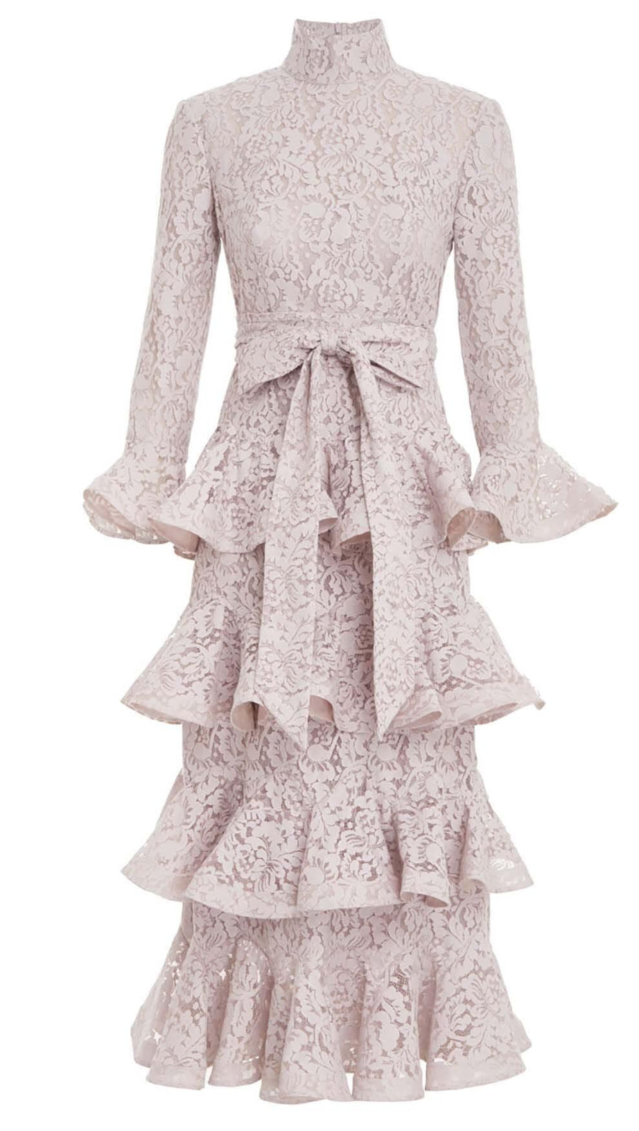 MIDIKLEID AUS SPITZE MIT BLUMENSTICKEREI UND STUFEN