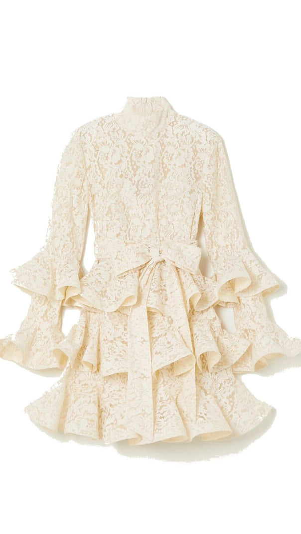 AIIZIE RUFFLED TIERED LACE MINI DRESS IN CREAM - product image