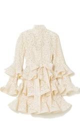 RUFFLED TIERED LACE MINI DRESS IN CREAM