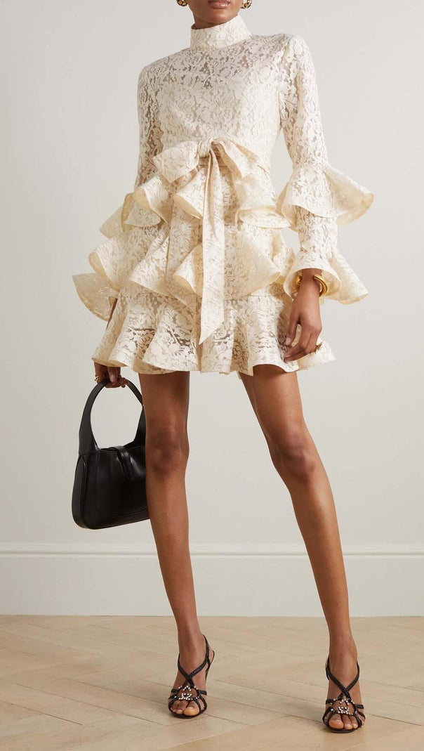 AIIZIE RUFFLED TIERED LACE MINI DRESS IN CREAM - product image