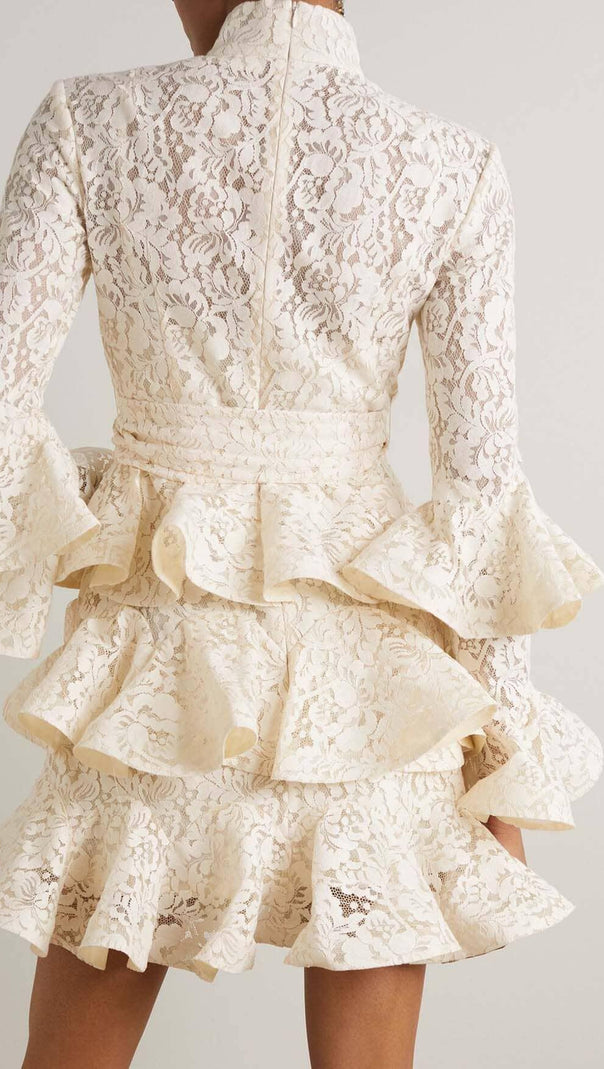 AIIZIE RUFFLED TIERED LACE MINI DRESS IN CREAM - product image