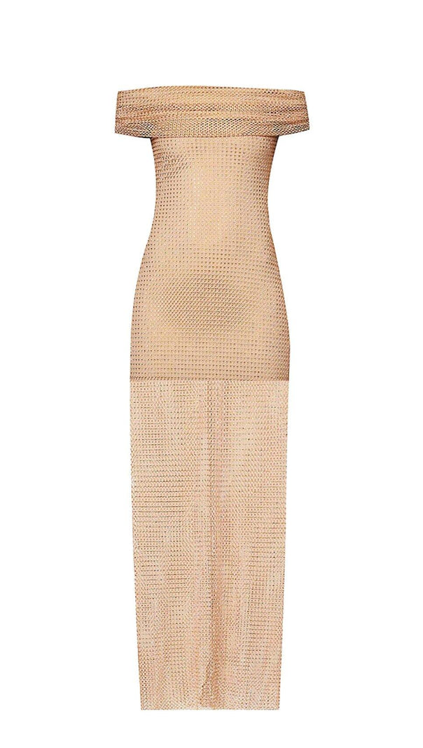 AIIZIE RHINESTONE OFF SHOULDER FISHNET MAXI DRESS IN BROWN - product image