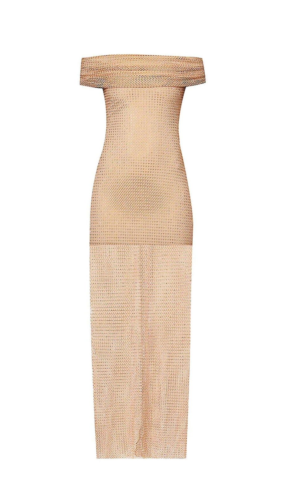 ABITO LUNGO IN RETE CON SPALLE SCOPERTE E STRASS, MARRONE