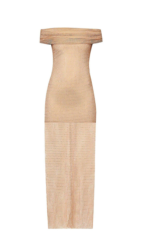 RHINESTONE OFF SHOULDER FISHNET MAXI DRESS IN BROWN