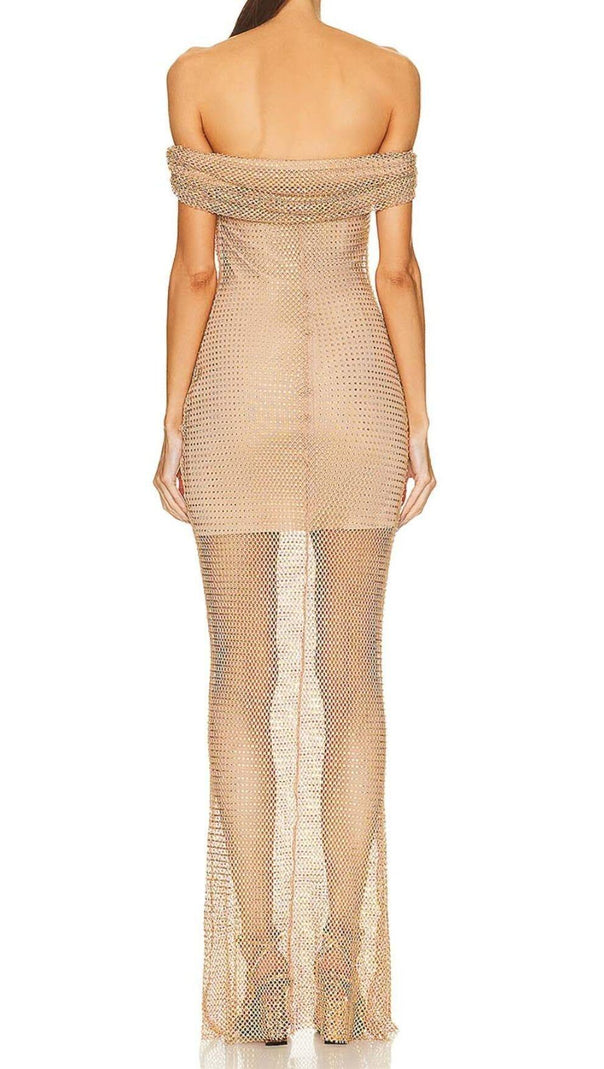 AIIZIE RHINESTONE OFF SHOULDER FISHNET MAXI DRESS IN BROWN - product image