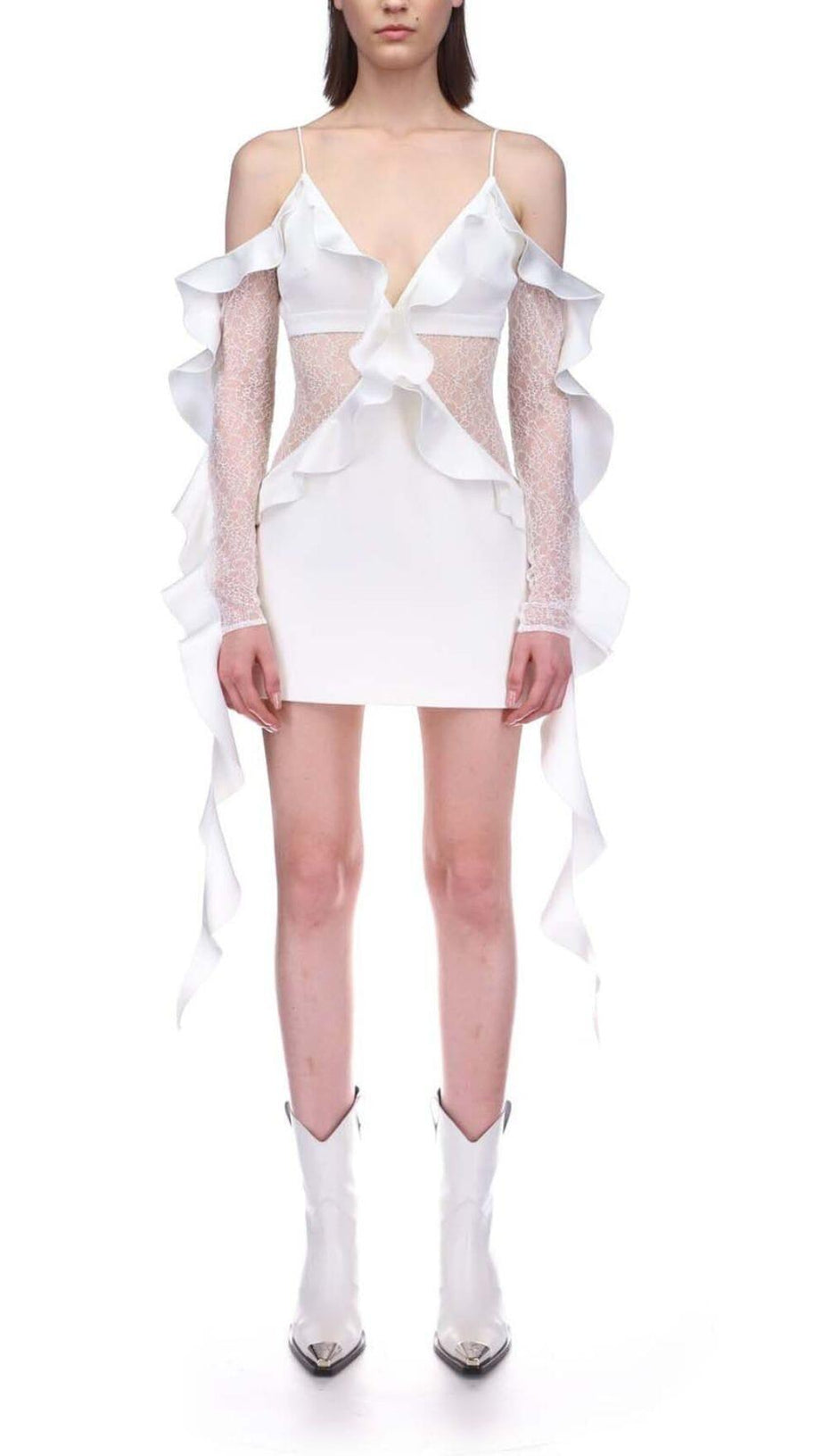 RUFFLED LACE MINI DRESS IN WHITE