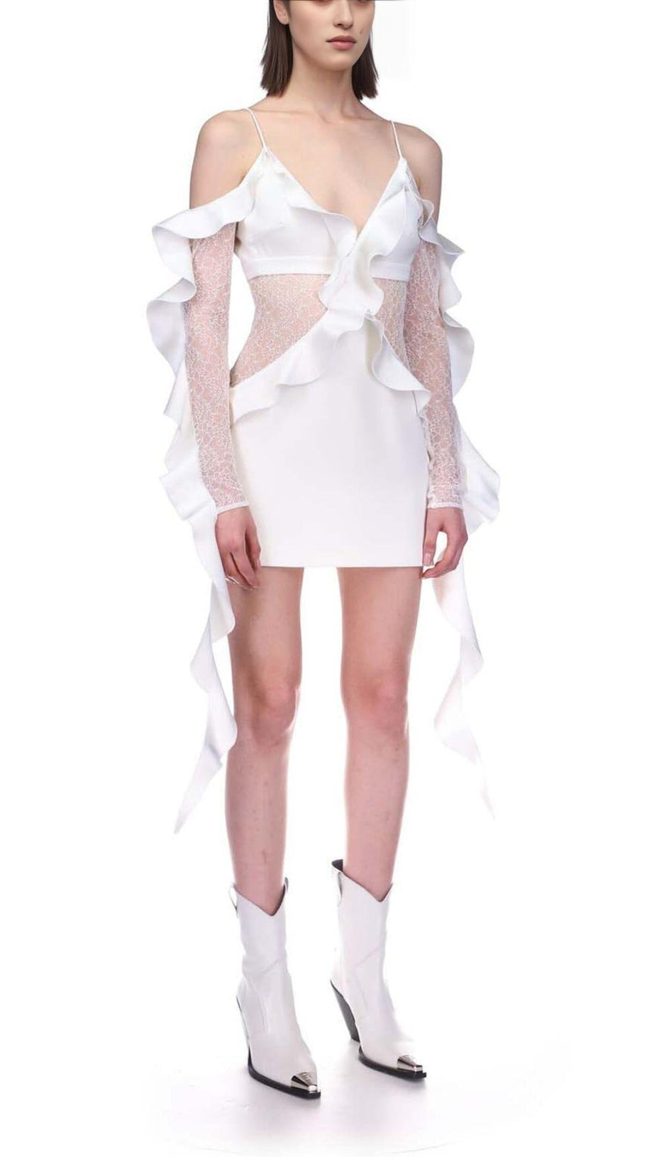 RUFFLED LACE MINI DRESS IN WHITE