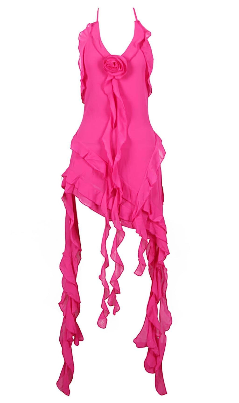 MINI ABITO ROSA CON VOLANT E DECORAZIONI A ROSA