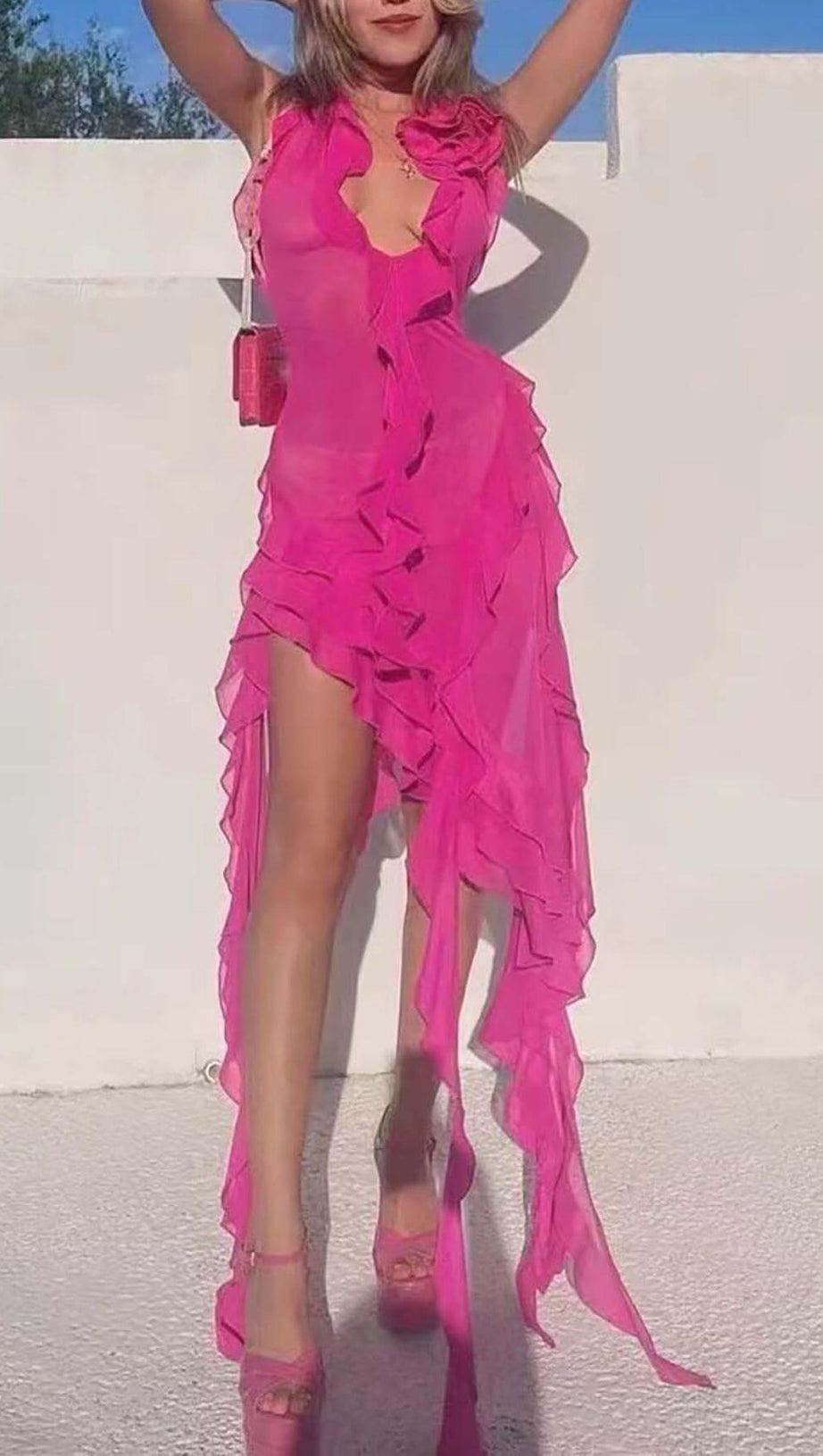 ROSE-EMBELLISHED RUFFLED MINI DRESS IN PINK