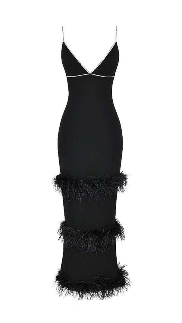 AIIZIE RHINESTONE TIERED FEATHER MIDI DRESS IN BLACK - product image
