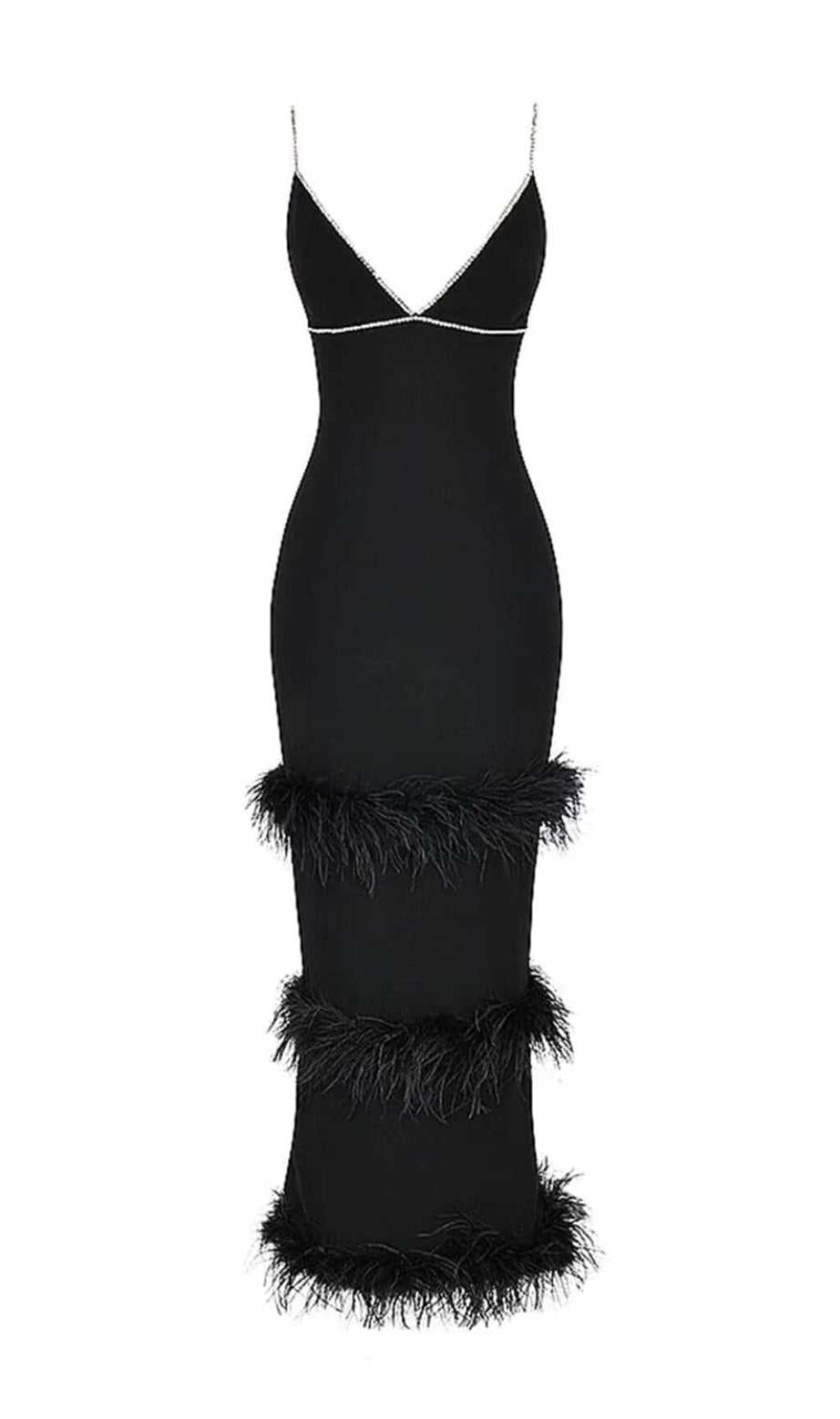 RHINESTONE TIERED FEATHER MIDI DRESS IN BLACK