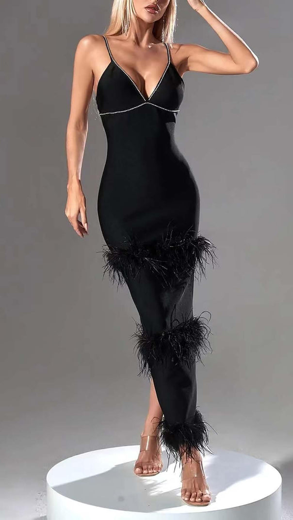 AIIZIE RHINESTONE TIERED FEATHER MIDI DRESS IN BLACK - product image