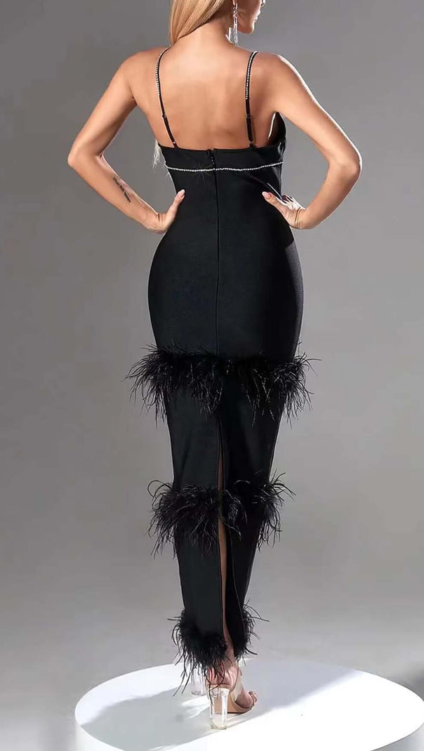 AIIZIE RHINESTONE TIERED FEATHER MIDI DRESS IN BLACK - product image