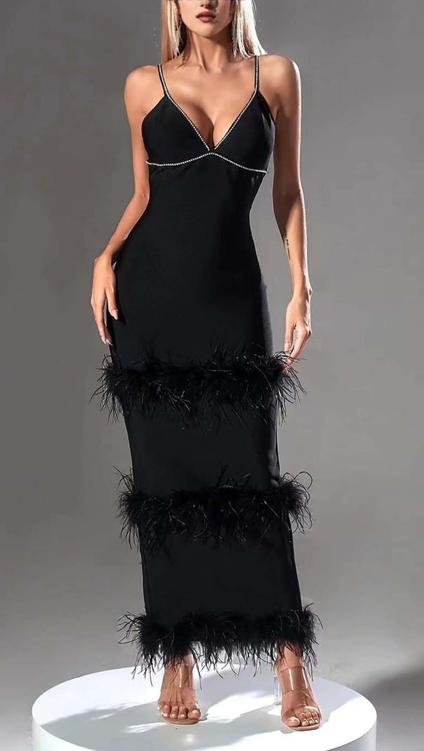 AIIZIE RHINESTONE TIERED FEATHER MIDI DRESS IN BLACK - product image