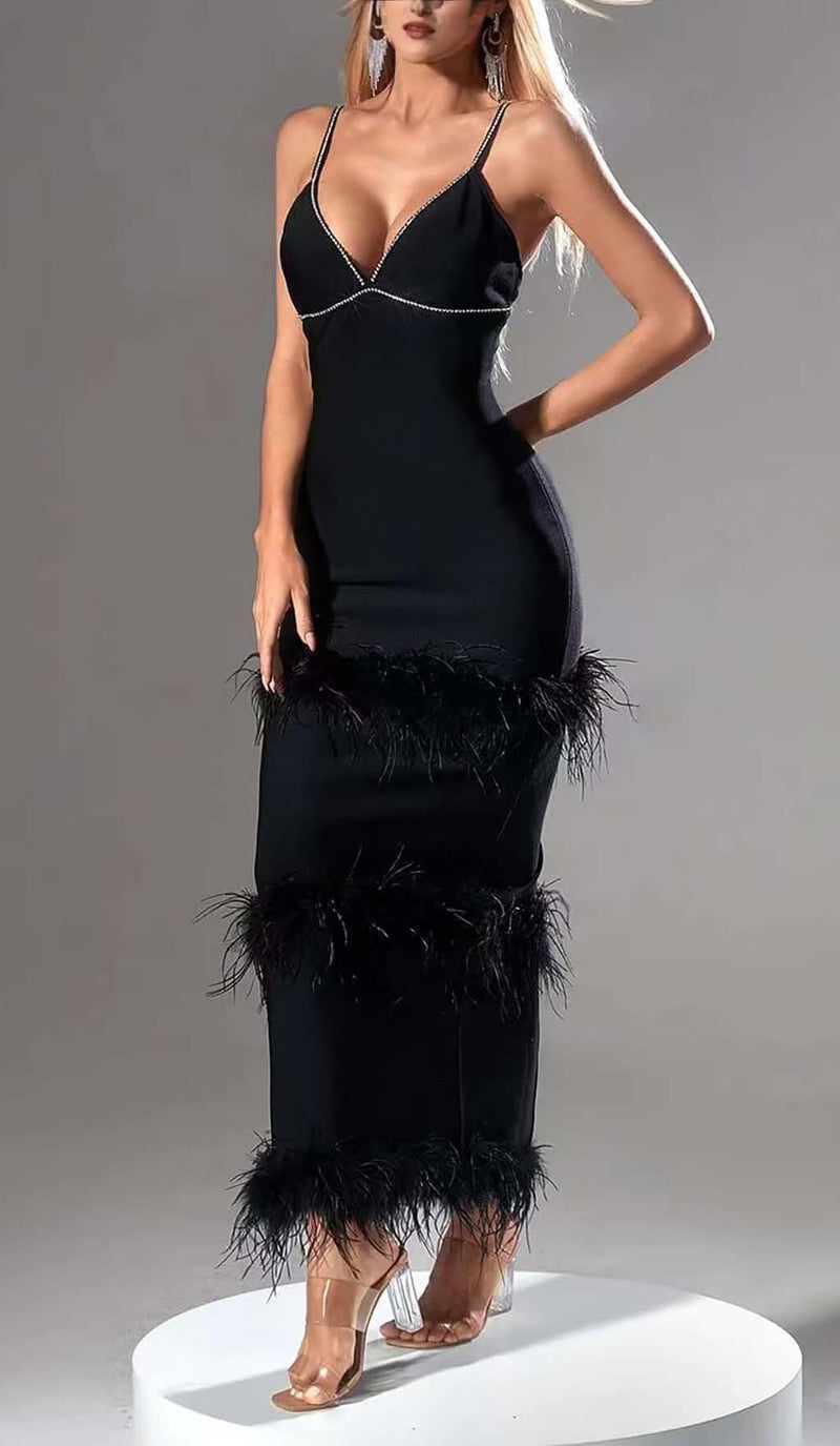 RHINESTONE TIERED FEATHER MIDI DRESS IN BLACK