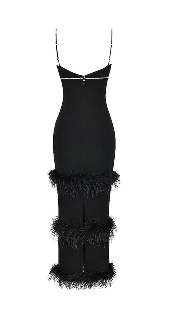 AIIZIE RHINESTONE TIERED FEATHER MIDI DRESS IN BLACK - product image