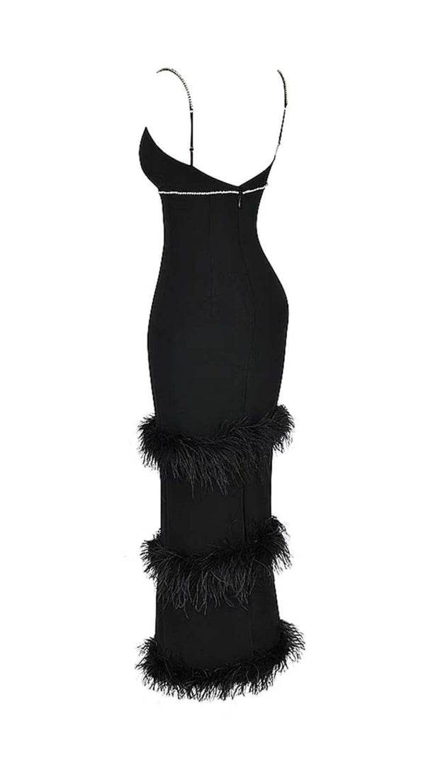 AIIZIE RHINESTONE TIERED FEATHER MIDI DRESS IN BLACK - product image