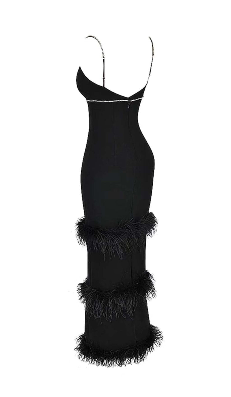 RHINESTONE TIERED FEATHER MIDI DRESS IN BLACK