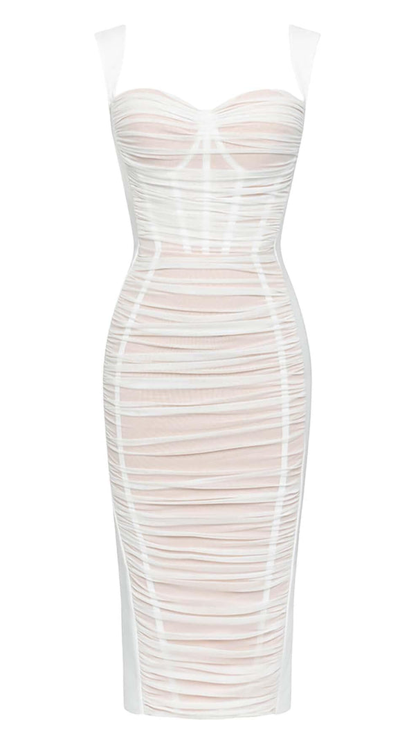 AIIZIE RUCHED BUSTIER MESH MIDI DRESS IN WHITE - product image