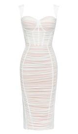 RUCHED BUSTIER MESH MIDI DRESS IN WHITE