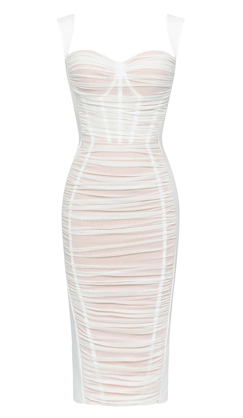 RUCHED BUSTIER MESH MIDI DRESS IN WHITE