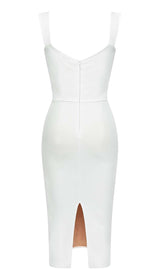 RUCHED BUSTIER MESH MIDI DRESS IN WHITE