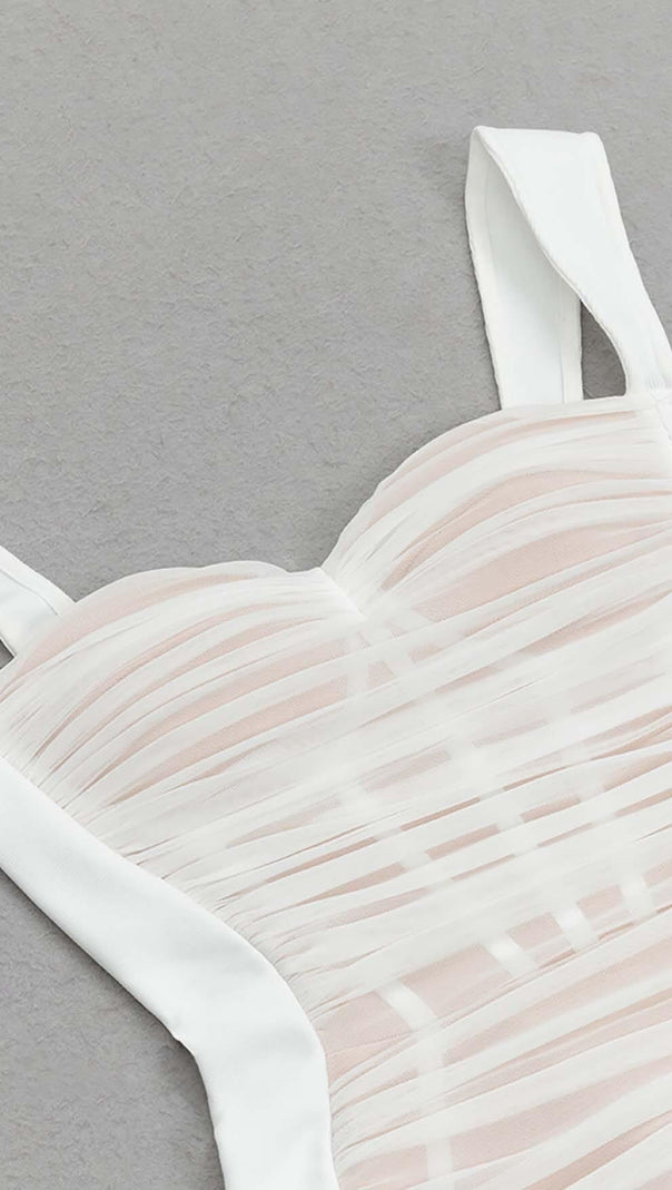AIIZIE RUCHED BUSTIER MESH MIDI DRESS IN WHITE - product image