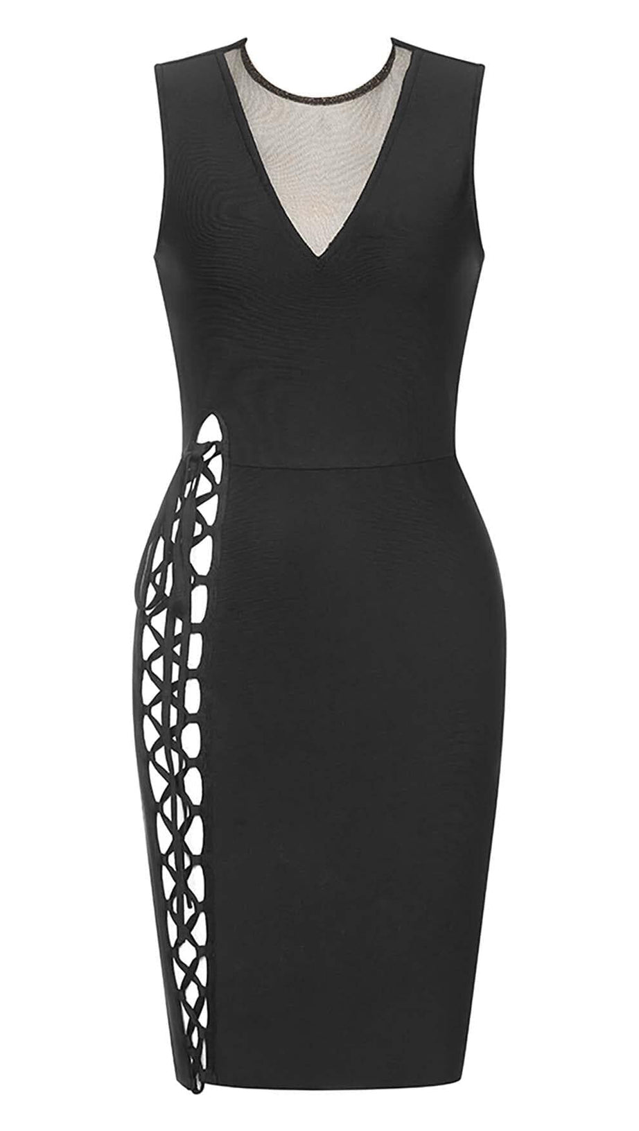 SIDE LACE UP BANDAGE MIDI DRESS IN BLACK