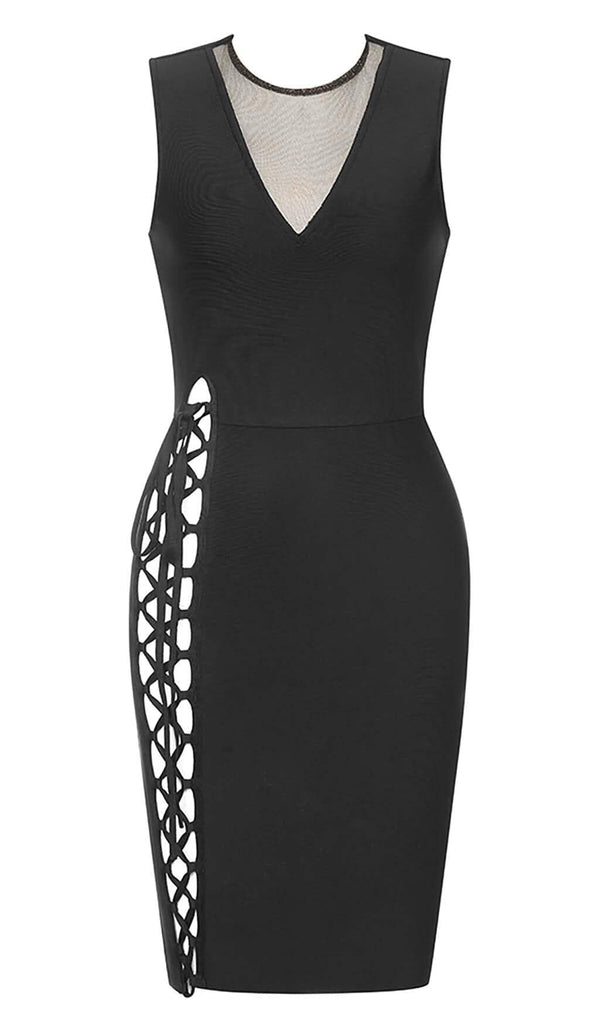 SIDE LACE UP BANDAGE MIDI DRESS IN BLACK